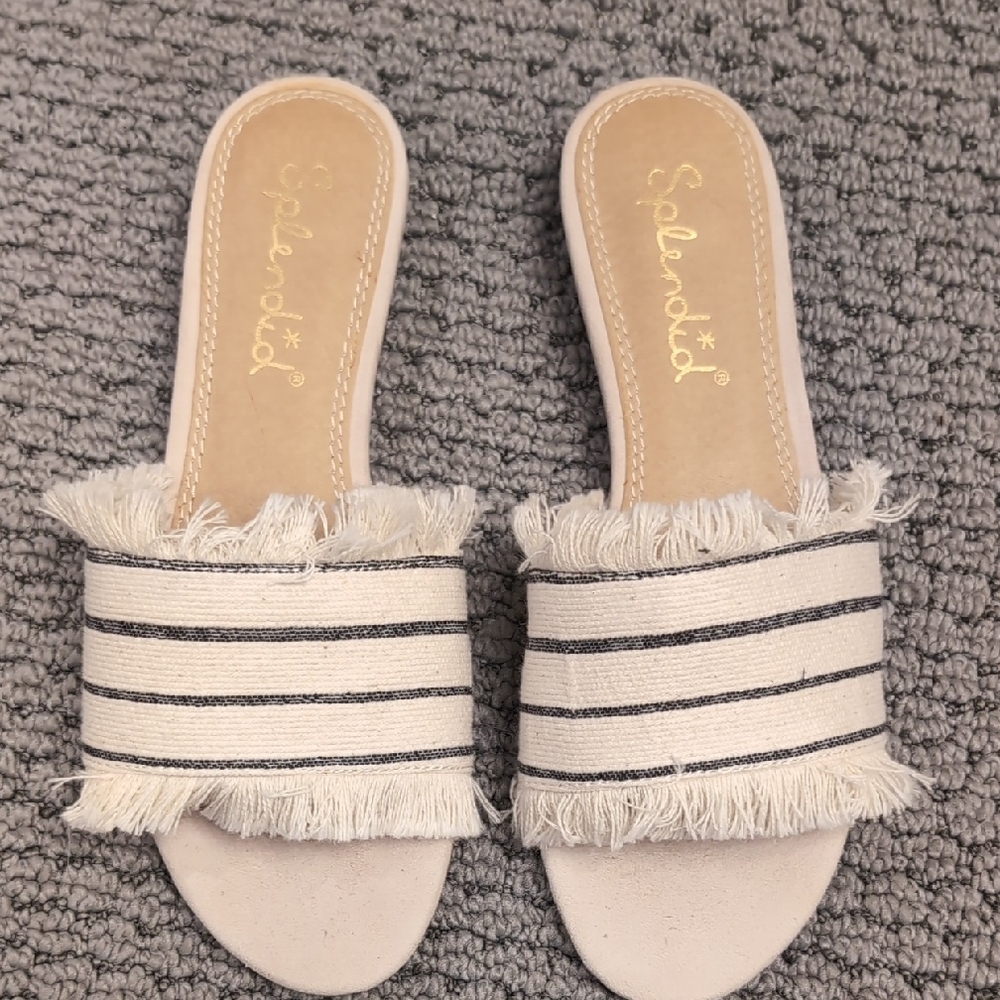 Splendid Cream Striped Fringe Slide Mules